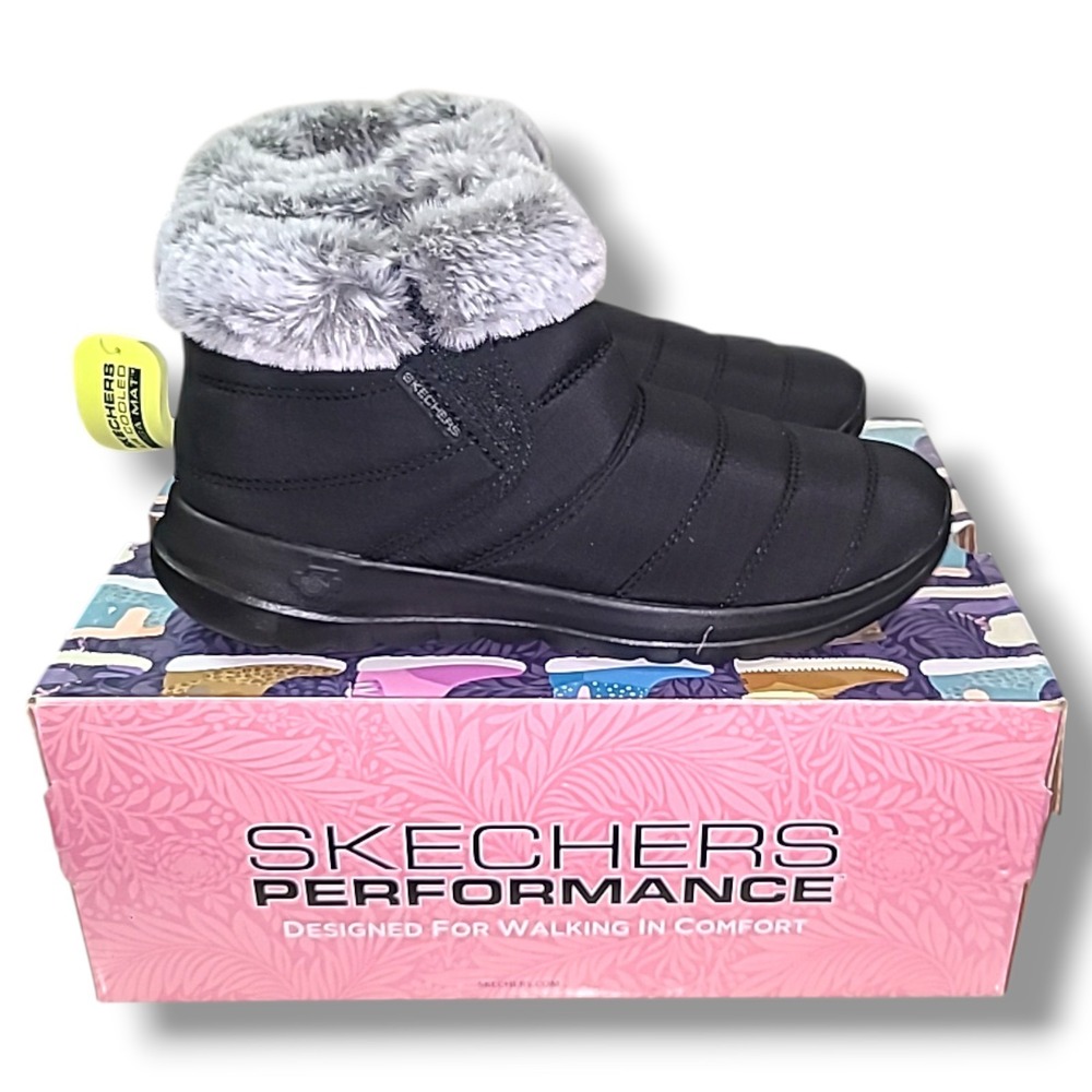 Skechers GOwalk Air Cooled Goga Mat Boots Black Faux Fur Womens 10 179130S NIB